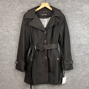 NEW Calvin Klein Black Hooded Belted Trench Coat Rain Jacket Women's PM